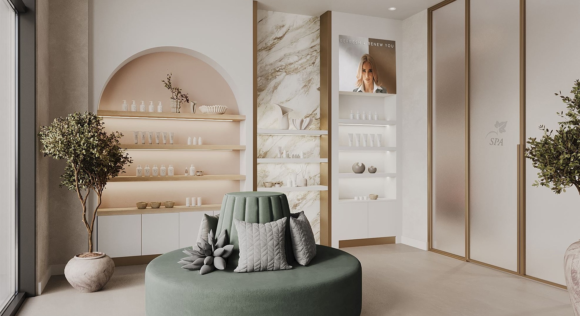 Modern spa interior with products and greenery.