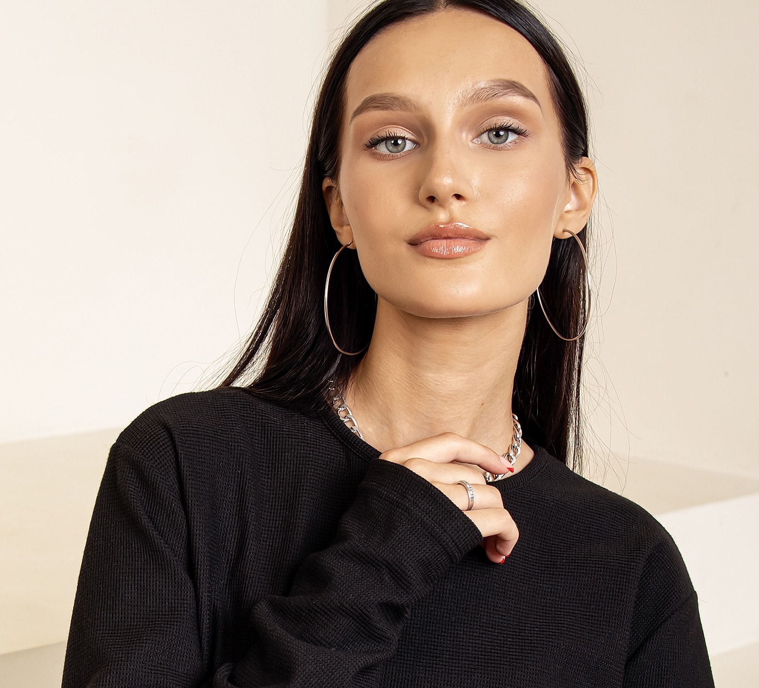 Close-up of a woman with flowing hair.